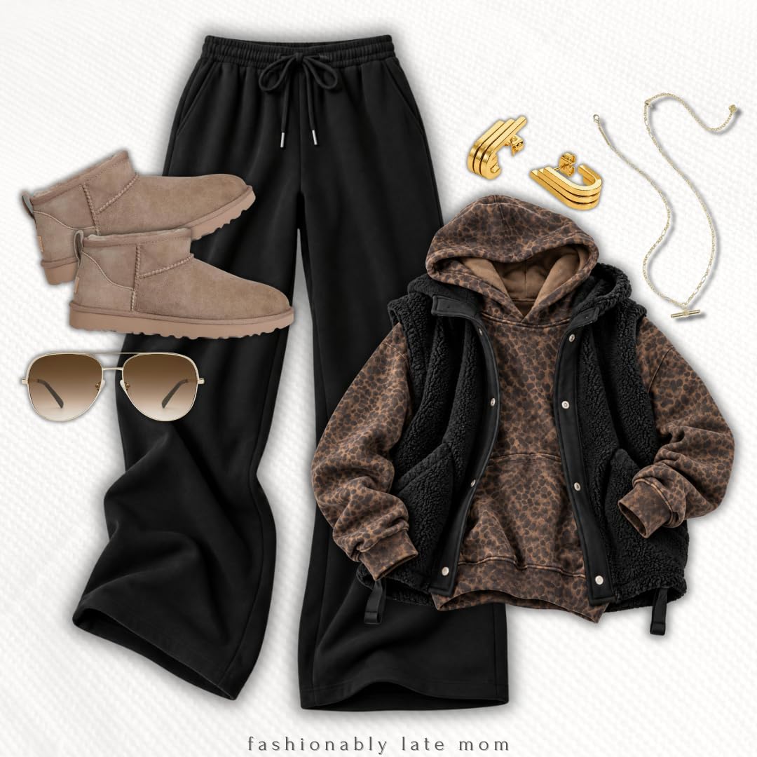 Brown sherpa hoodie and vest with black wide leg sweatpants and short boots