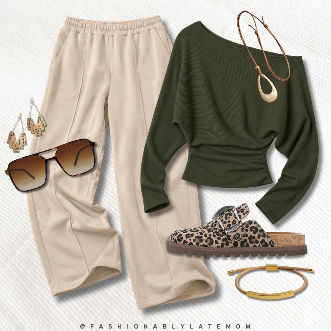 Olive off the shoulder top with cream wide leg pants and leopard clogs