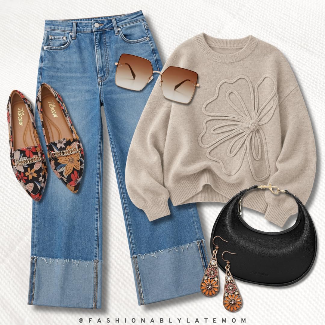 Oatmeal flower sweater with cuffed wide leg jeans and floral loafers