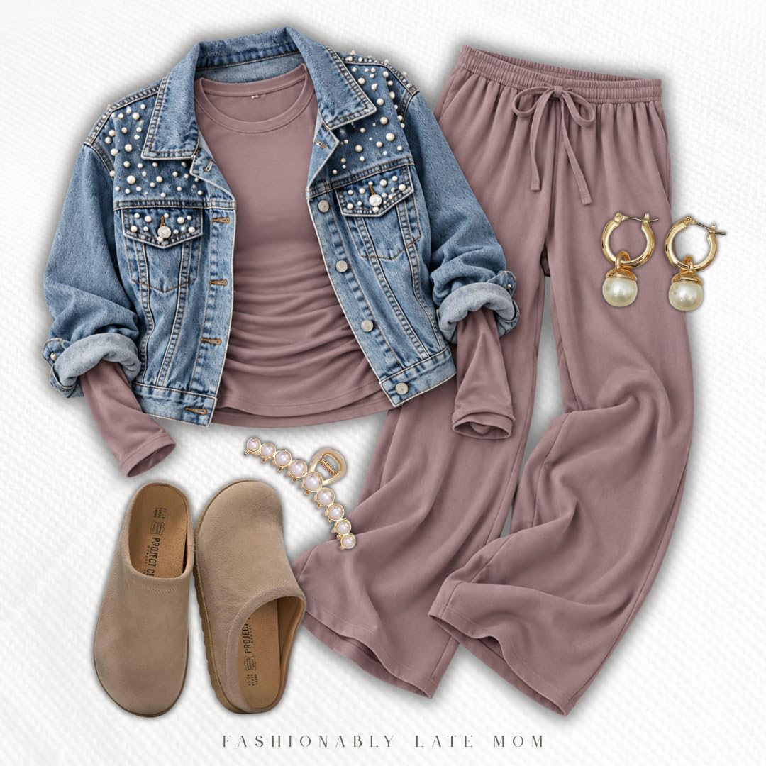 Embellished denim jacket with a mauve lounge set and suede clogs