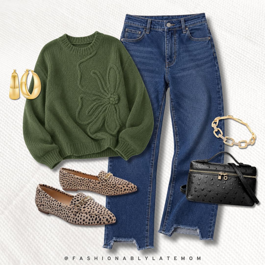 Green flower sweater with distressed jeans and leopard loafers
