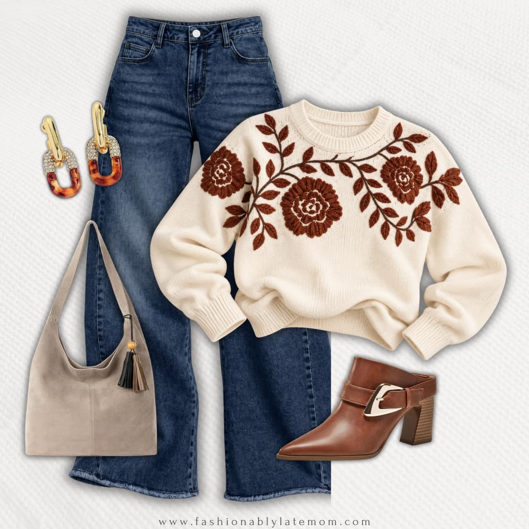 Cream rose embroidered sweater with dark jeans and brown buckle mules