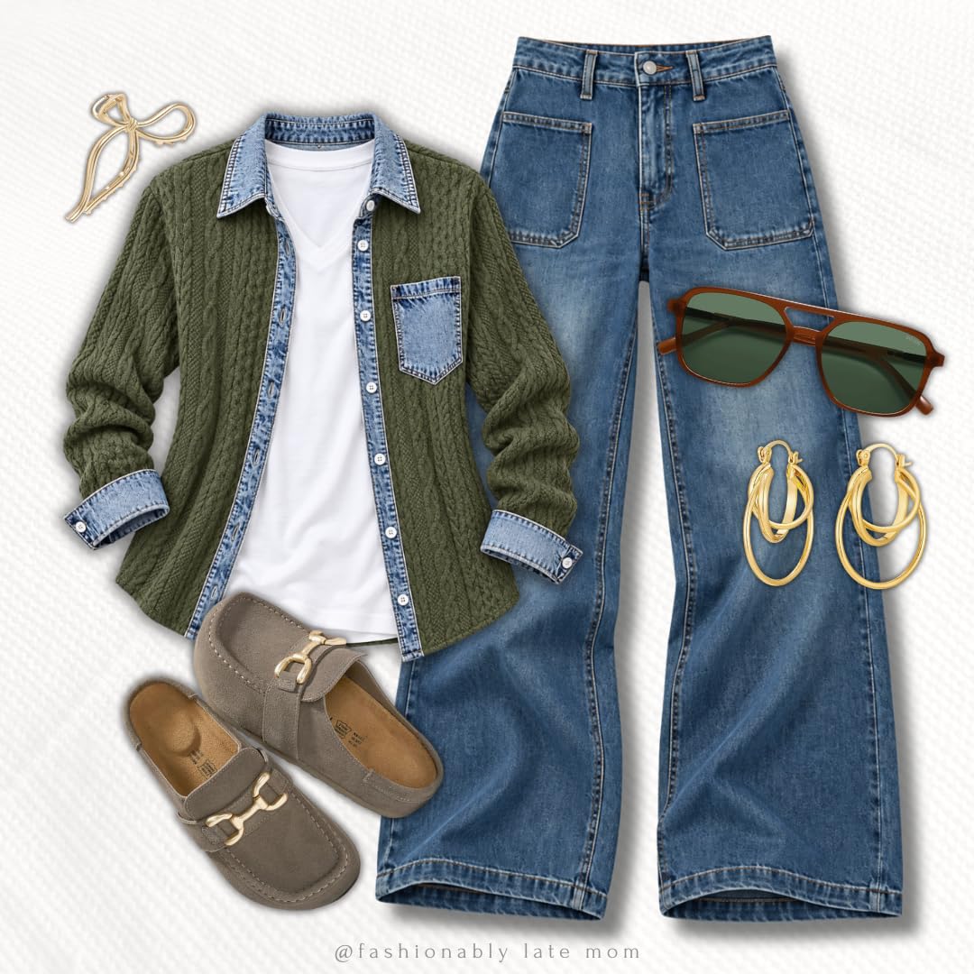 Olive cable cardigan with a denim shirt, white tee, wide leg jeans and clogs