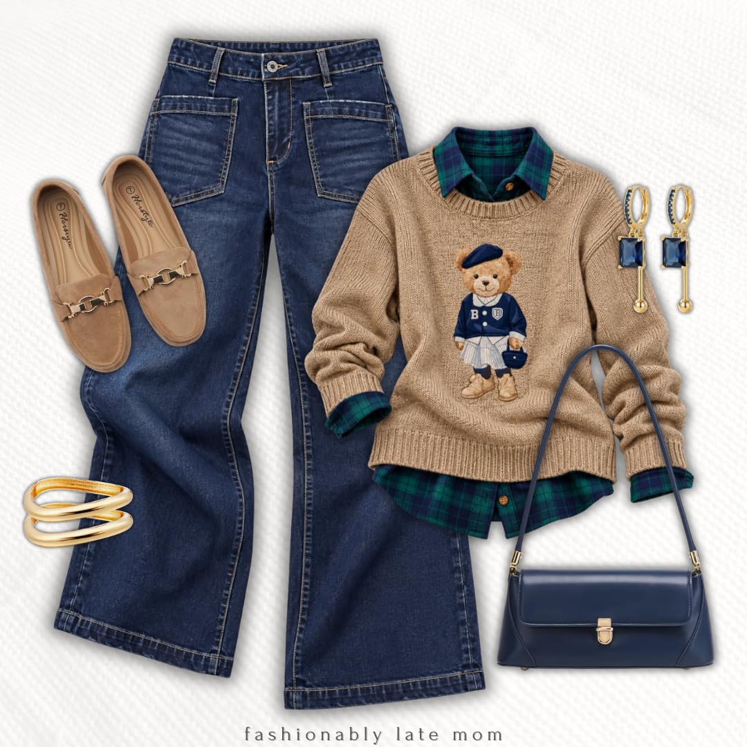 Teddy bear sweater over a plaid shirt with wide leg jeans and loafers