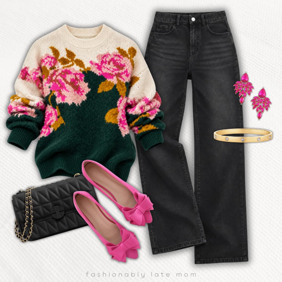Pink rose sweater with black jeans and pink bow heels
