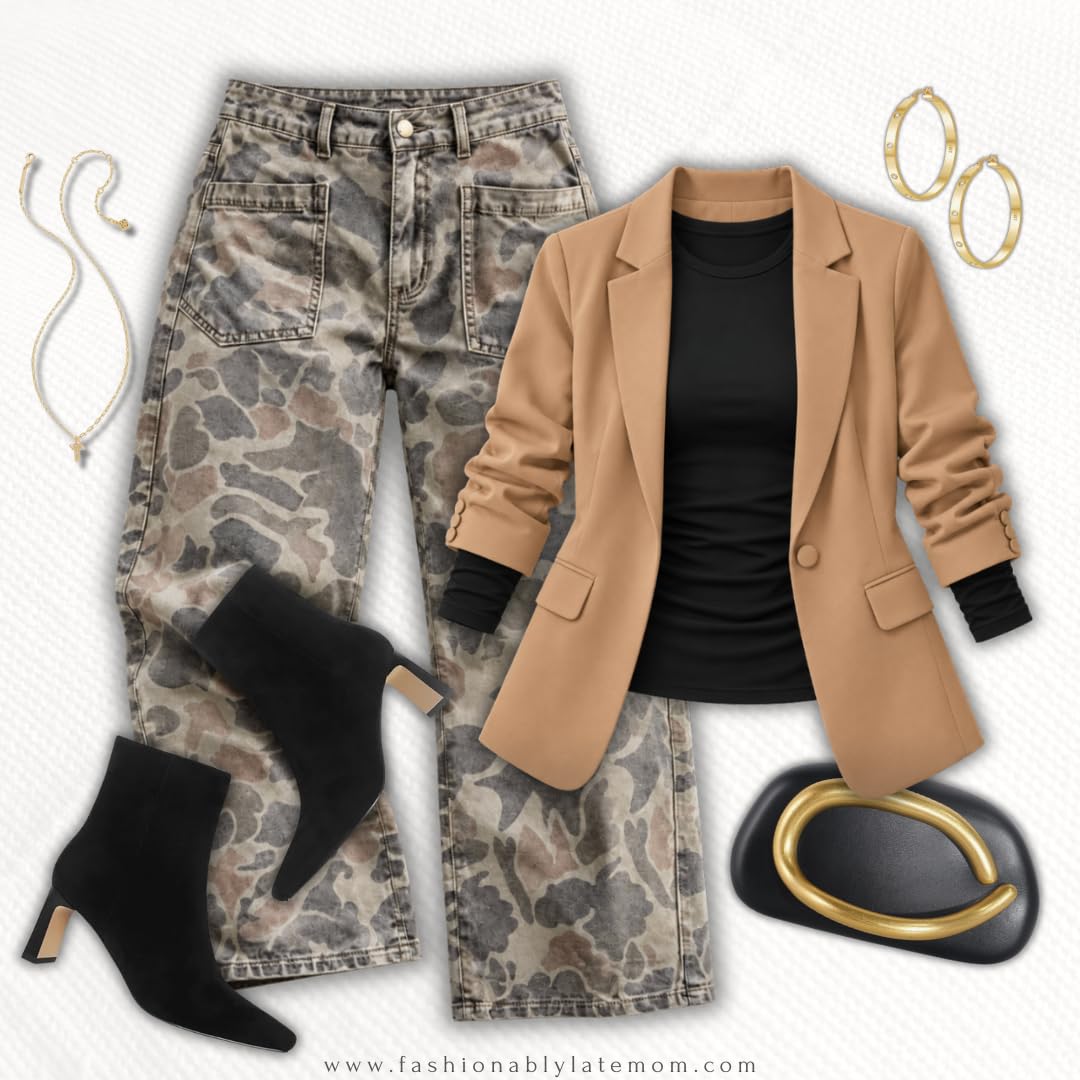 Black tee with a camel blazer, camo jeans and black ankle boots
